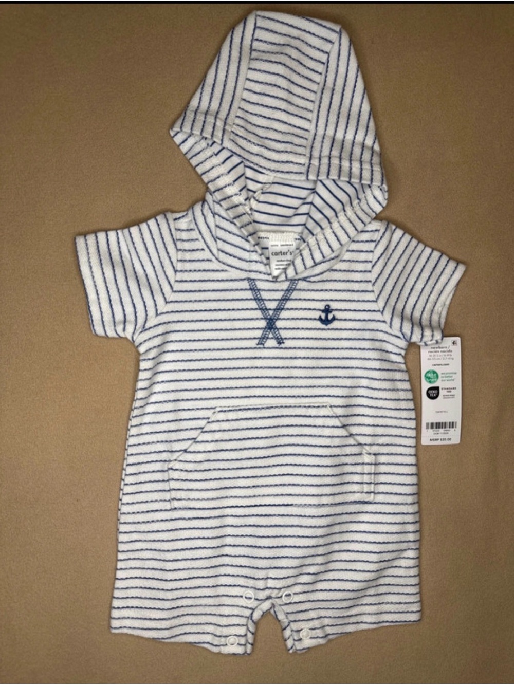 Carter's White and Blue Striped Newborn Baby Romper